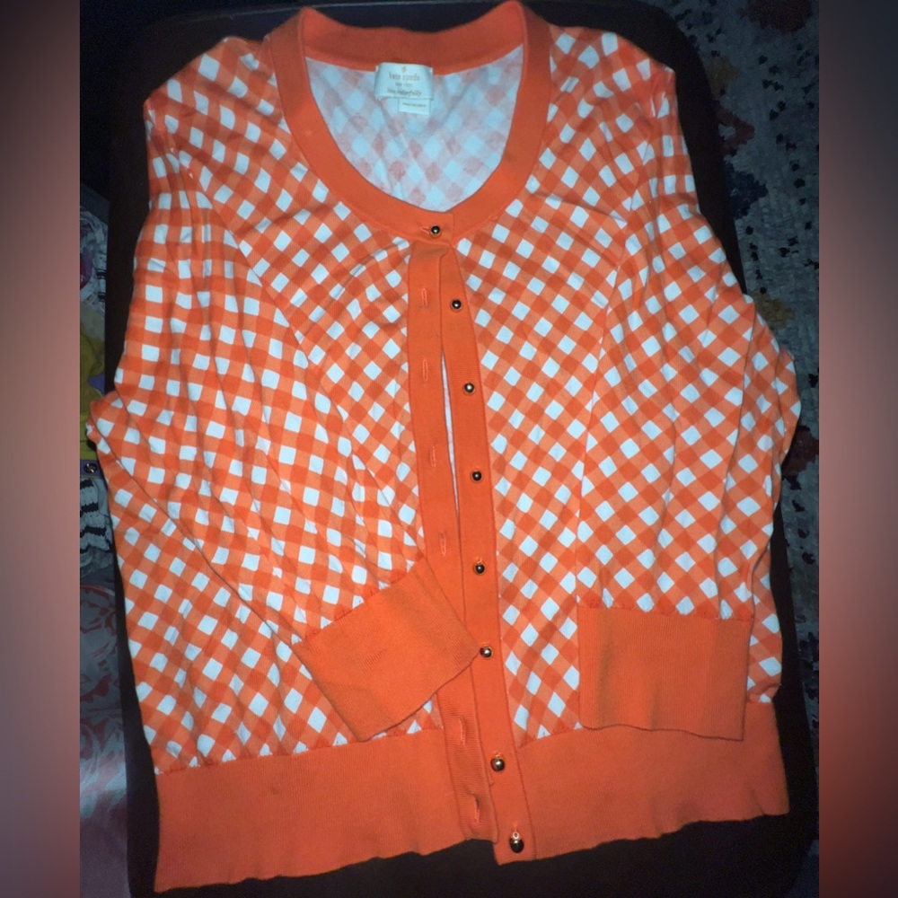 Kate Spade Orange White Gingham Check Kati Cardigan Button Front Sweater